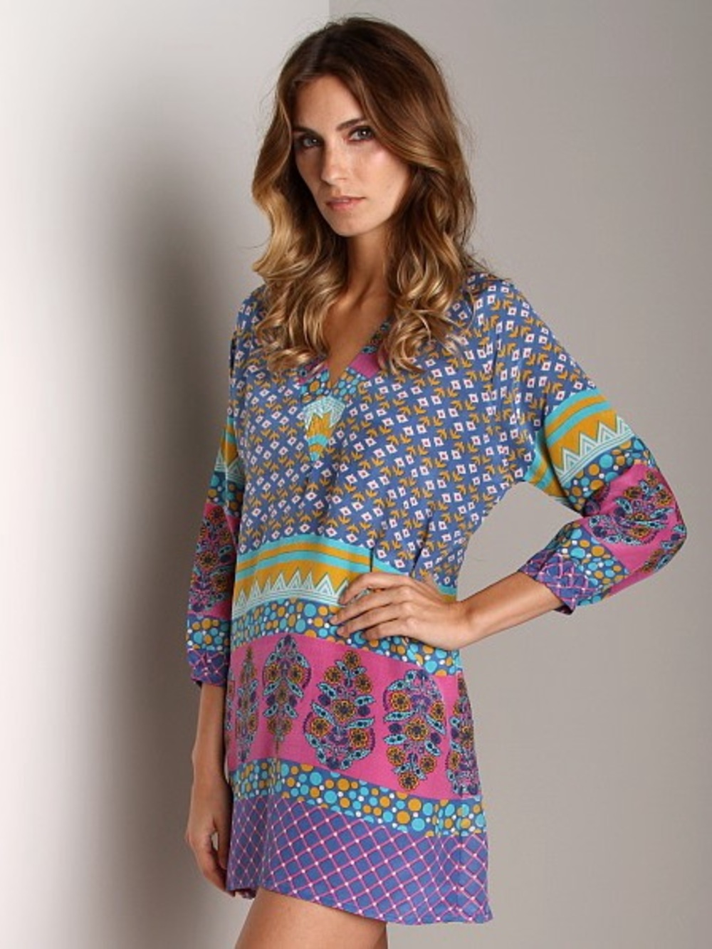 Tolani 100% Silk Multicolor Boho V-Neck Tunic Dress, Anthropologie Brand
